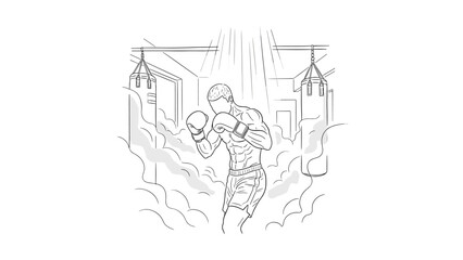 Obraz premium Boxer training in gym: dynamic line art depiction of an intense boxing session