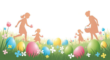 Obraz premium Silhouettes of a joyful Easter egg hunt in a flower-filled spring field, celebrating tradition, family, and renewal.