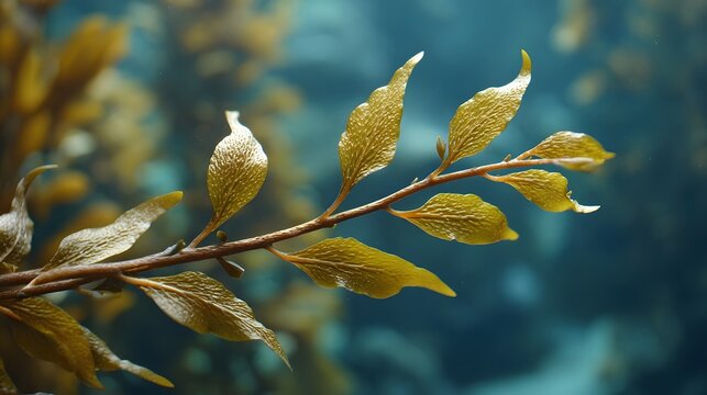 A detailed close up of a golden brown kelp frond with prominent veins swaying gently in the deep blue green underwater world of a kelp forest