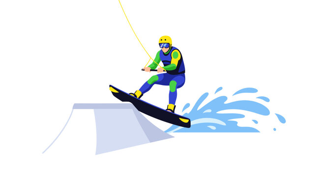 Modern wakeboarder in action on splashing water with vibrant colors