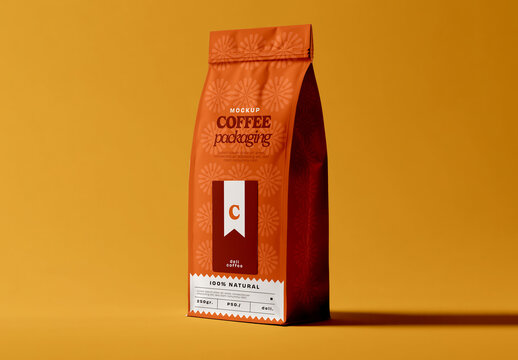 Coffee Packaging Bag Mockup with Folded Top on Solid Background