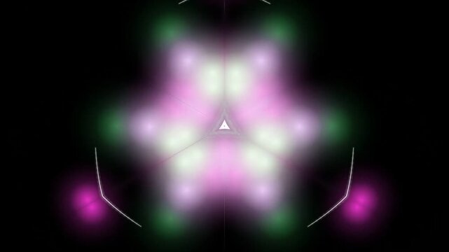 vibrant kaleidoscope pattern featuring pink green lights symmetrical shapes abstract background mesmerizing visual effect dynamic display