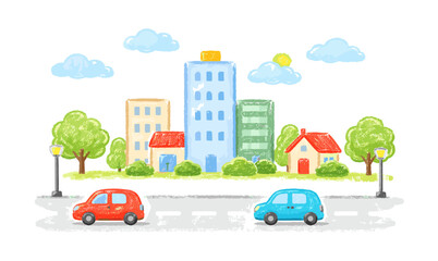 Fototapeta premium Charming watercolor cityscape with cute cars and trees