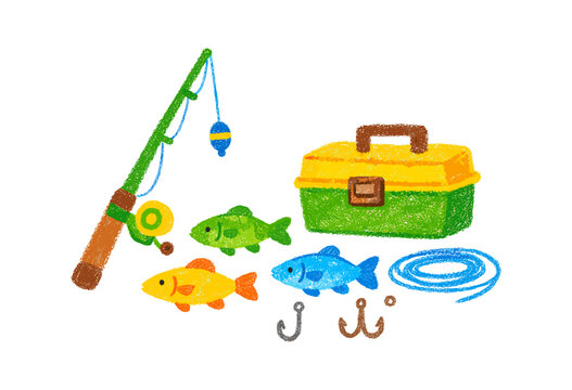 Colorful fishing kit with rod, hooks, and fish in crayon style