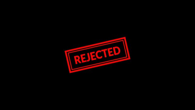  REJECTED stamp imprint animation on transparent background, business denial approval process, stamping motion leaving bold rejected mark with alpha channel in 4k.