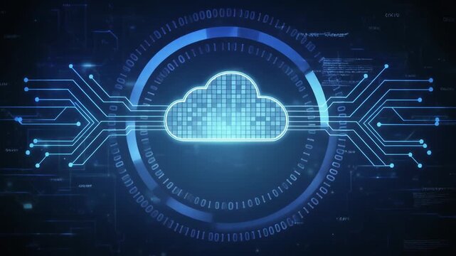 Glowing binary cloud icon with circuit lines extending outward on dark digital background.