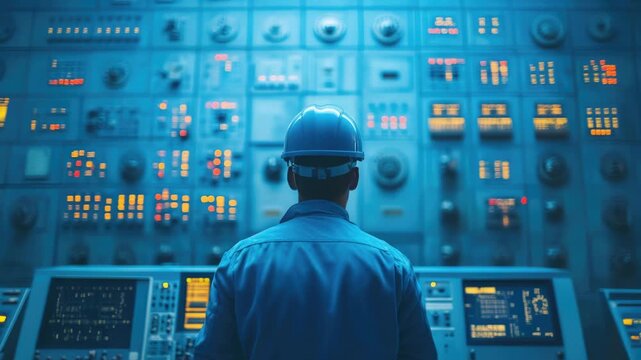 Video A man wearing a hard hat stands in front of a control panel with various buttons and dials