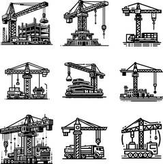 Bold outline construction crane silhouette, black and white, minimal detail, isolated