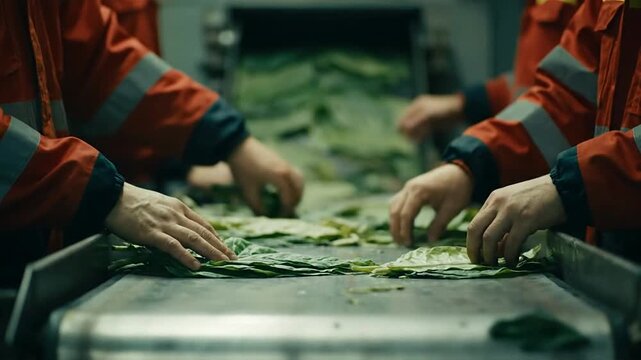 Workers handling tobacco leaves on conveyor belt in industrial setting