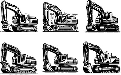 Clean bold outline excavator silhouette, black and white, high contrast, isolated on white