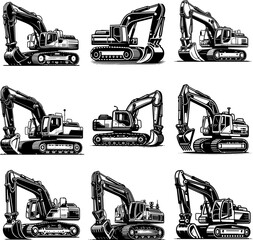 Clean bold outline excavator silhouette, black and white, high contrast, isolated on white