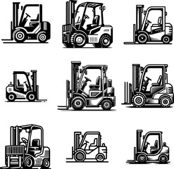 Clean bold outline forklift silhouette, black and white, minimal style, isolated on white