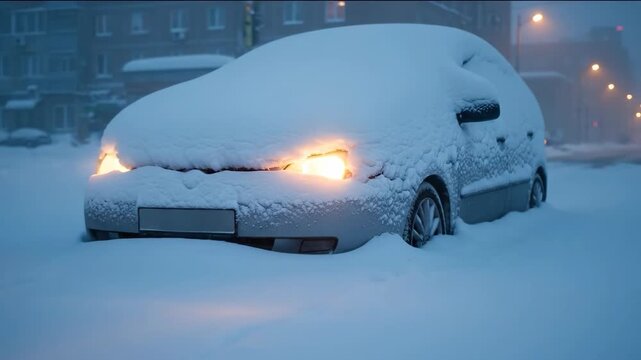 SnowBuried Car Lights Gleam in a Winter Blizzard.