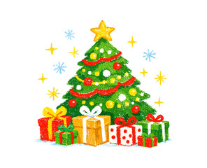 Fototapeta premium Festive christmas tree with decorated gifts and bright stars