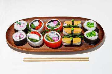 Set of paper sushi on a wooden plate over white background. Top view with copy space. Pure and fresh concept and composition.