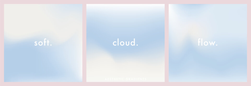 Set of 3 square abstract cloud backgrounds in soft pastel tones with subtle airy cloud flow. Minimal light airy gradient backdrops for social media, banners, posters, presentations, creative templates