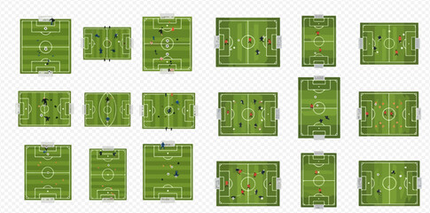 Set of top view soccer fields with players and goals, various football pitches for sports design. © ArtLuna Studio