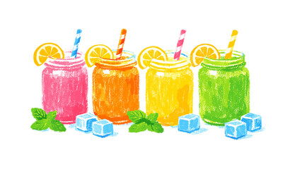 Colorful jar drinks with straws, lemons, and mint leaves in crayon style