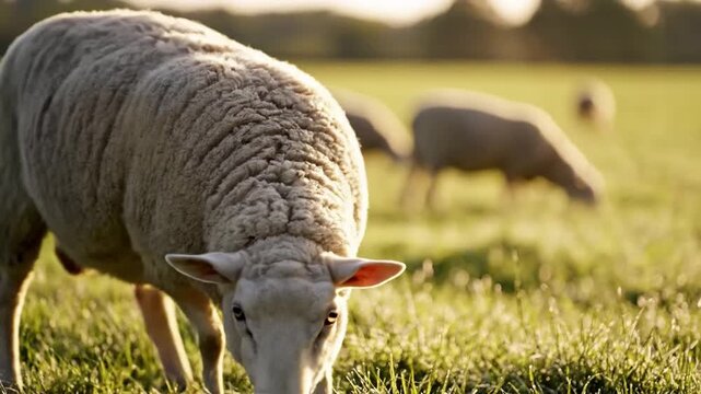 Sheep Grazing in a Green Pasture Field.