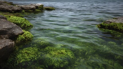 Close up view of vibrant green algae swaying gently in clear shallow water near a rocky shore