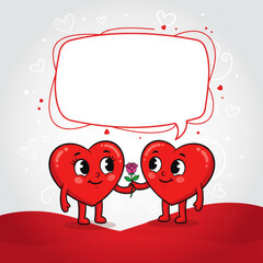 Zwei niedliche rote Herzen als verliebtes Cartoon-Paar mit Rose und leerer Sprechblase &ndash; romantische Illustration f&uuml;r Valentinstag, Liebe und Partnerschaft