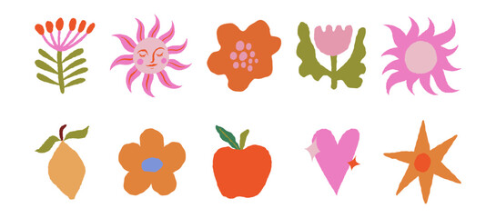 Fototapeta na wymiar Vector whimsical illustrations in hand drawn doodle style, imperfect edges and wavy shapes, abstract dopamine art decor and design elements for posters, prints and cards