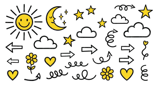A collection of hand-drawn, whimsical yellow and black icons including a smiling sun, a crescent moon with stars, clouds, stars, hearts, flowers, and various arrows.