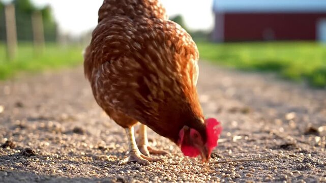 Brown chicken pecking at grains on a farm path.