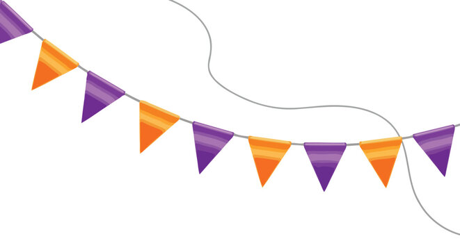 A festive string of purple and orange triangular bunting flags hangs gracefully across a white background.