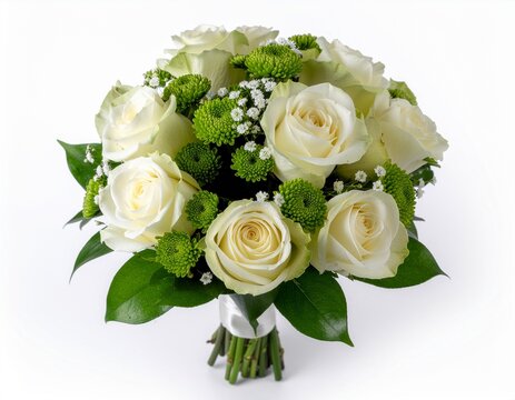 Elegant White Rose Wedding Bouquet Isolated on White Background