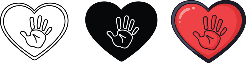 Obraz premium Diverse heart and handprint icons for themes of childhood, charity, and human connection isolated on white background, Vector