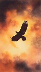 Obraz premium Majestic eagle soars against a vibrant sunset sky watercolor illustration evokes freedom and serene beauty