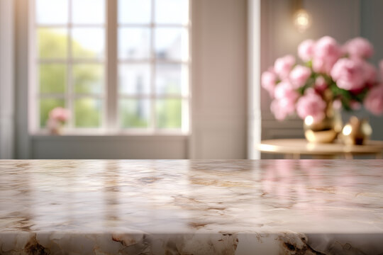 Bright spring interior background with polished stone surface for luxury product mockup and lifestyle advertising