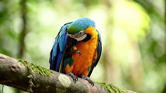 Vibrant blue and orange parrot perched on a mossy tree branch.