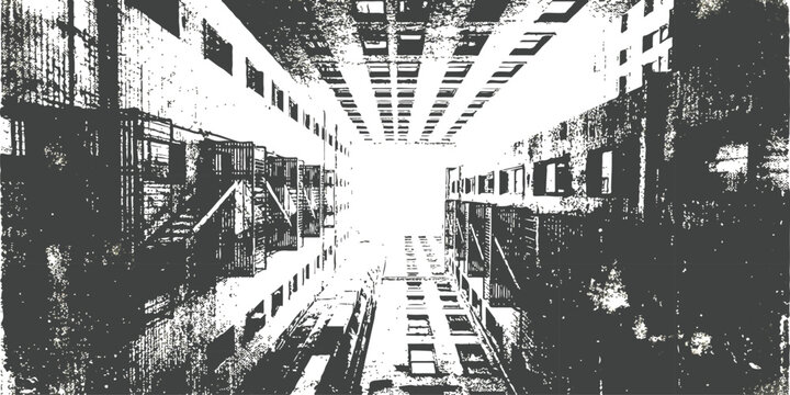 High contrast monochrome grunge vector illustration of a brutalist building courtyard looking up with abstract distressed textures.