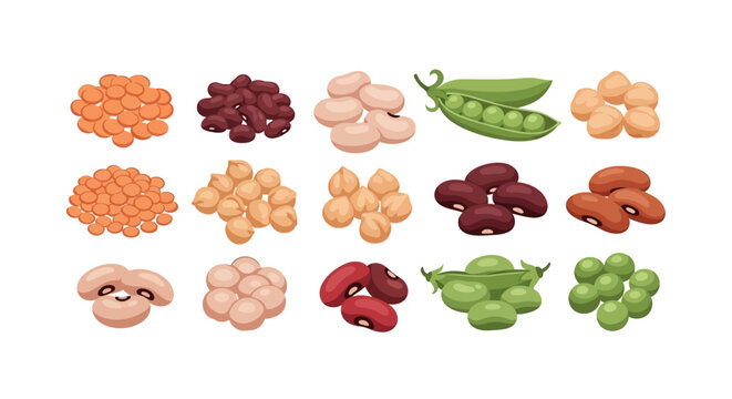 Illustration of various legumes including kidney beans, lentils, chickpeas, and peas on a white background, highlighting nutritional benefits.