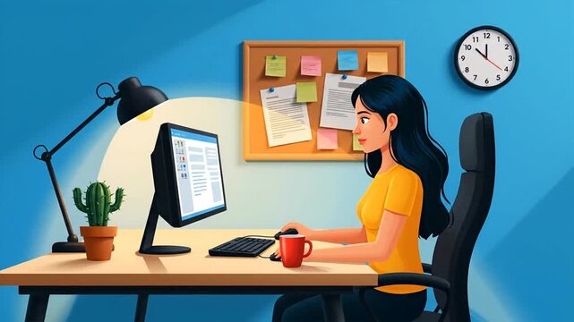 Woman works on computer in office setting with cactus and lamp illustration