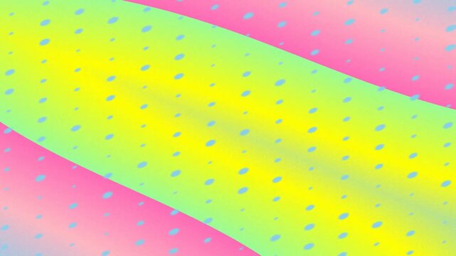 An abstract composition featuring a yellow-green gradient on a pink background with blue dashes