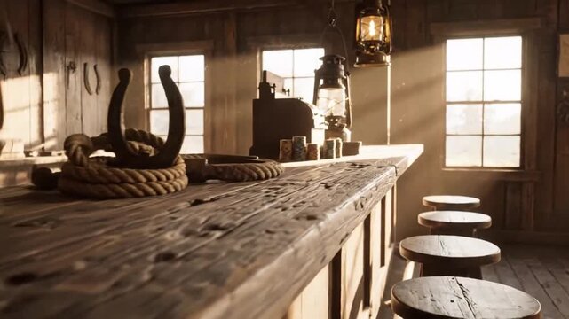 Rustic Old West Saloon Interior with Wooden Bar Counter and Vintage Lamps