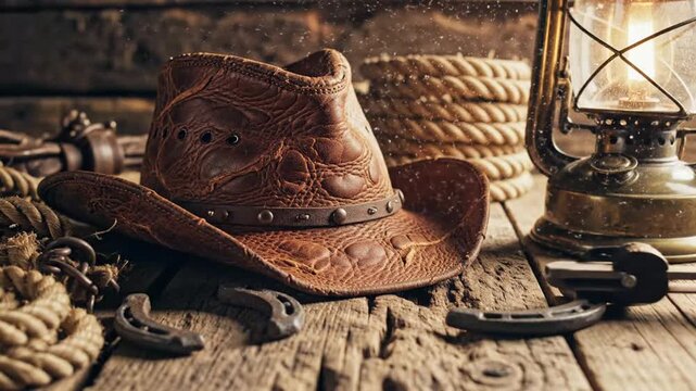 Vintage cowboy accessories on rustic wooden surface with oil lamp and leather hat depicted in a cinematic style