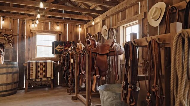 Rustic Western Saddle and Tack Storage Area with Vintage Decor and Warm Lighting