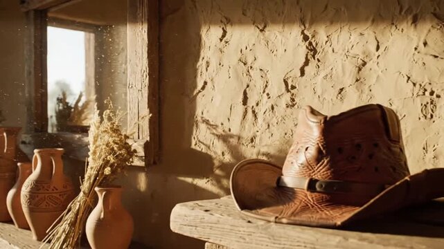 Serenely Lit Rustic Window Scene with Dusty Cowboy Hat and Earthenware Vases in Warm Natural Light