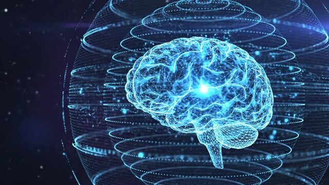Futuristic digital representation of human brain with glowing blue neural networks in a technological environment viewed from the side