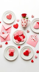 A sweet Valentines Day flat lay featuring heartshaped cookies a rose and envelopes on white background