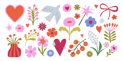 Obraz na płótnie Canvas Vector hand drawn whimsical illustrations in doodle sketch style, flowers and hearts, love and valentine day theme, wedding cards, invitations and stationery