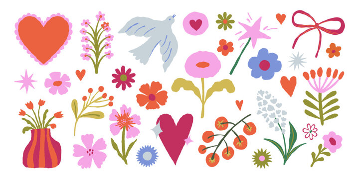 Vector hand drawn whimsical illustrations in doodle sketch style, flowers and hearts, love and valentine day theme, wedding cards, invitations and stationery