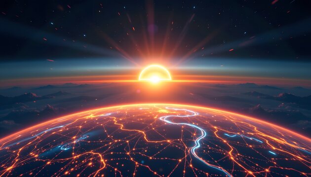 Celestial Dawn: An awe-inspiring depiction of Earth bathed in the radiant glow of a rising sun against a canvas of stars and space.