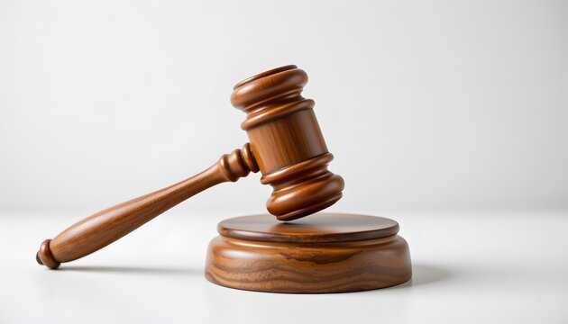 Gavel of Justice: A close-up view of a wooden gavel and its sound block, symbolizing the essence of legal judgment, impartiality, and the upholding of the law.