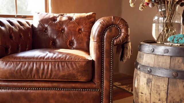 Warm cozy living room setup with vintage leather sofa and rustic decor for home interior design