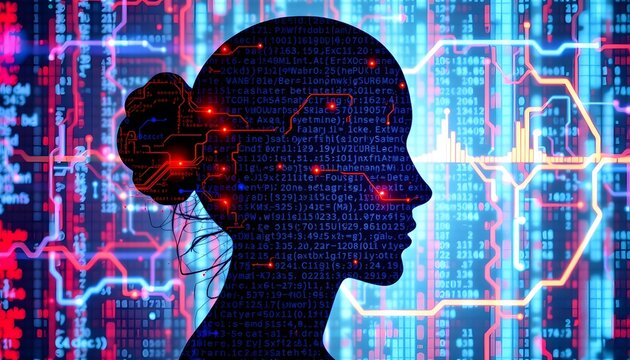 Digital Silhouette: A sophisticated silhouette of a person, intertwined with a digital interface, merges technology and human, creating a futuristic image. 